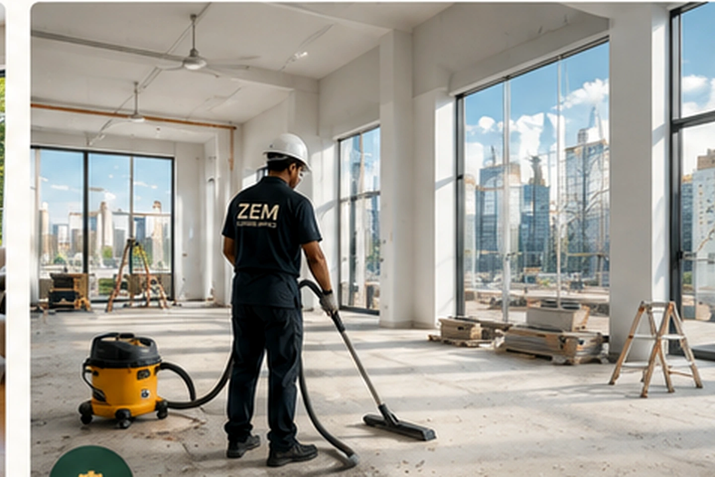 Post-construction cleaner removing dust from a newly finished commercial space
