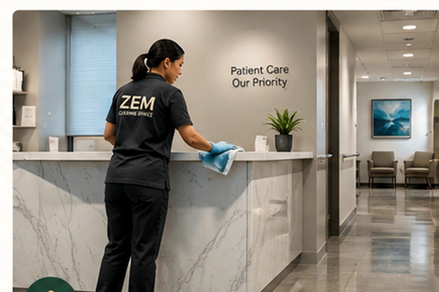 Cleaning professional sanitizing the reception area of a modern clinic