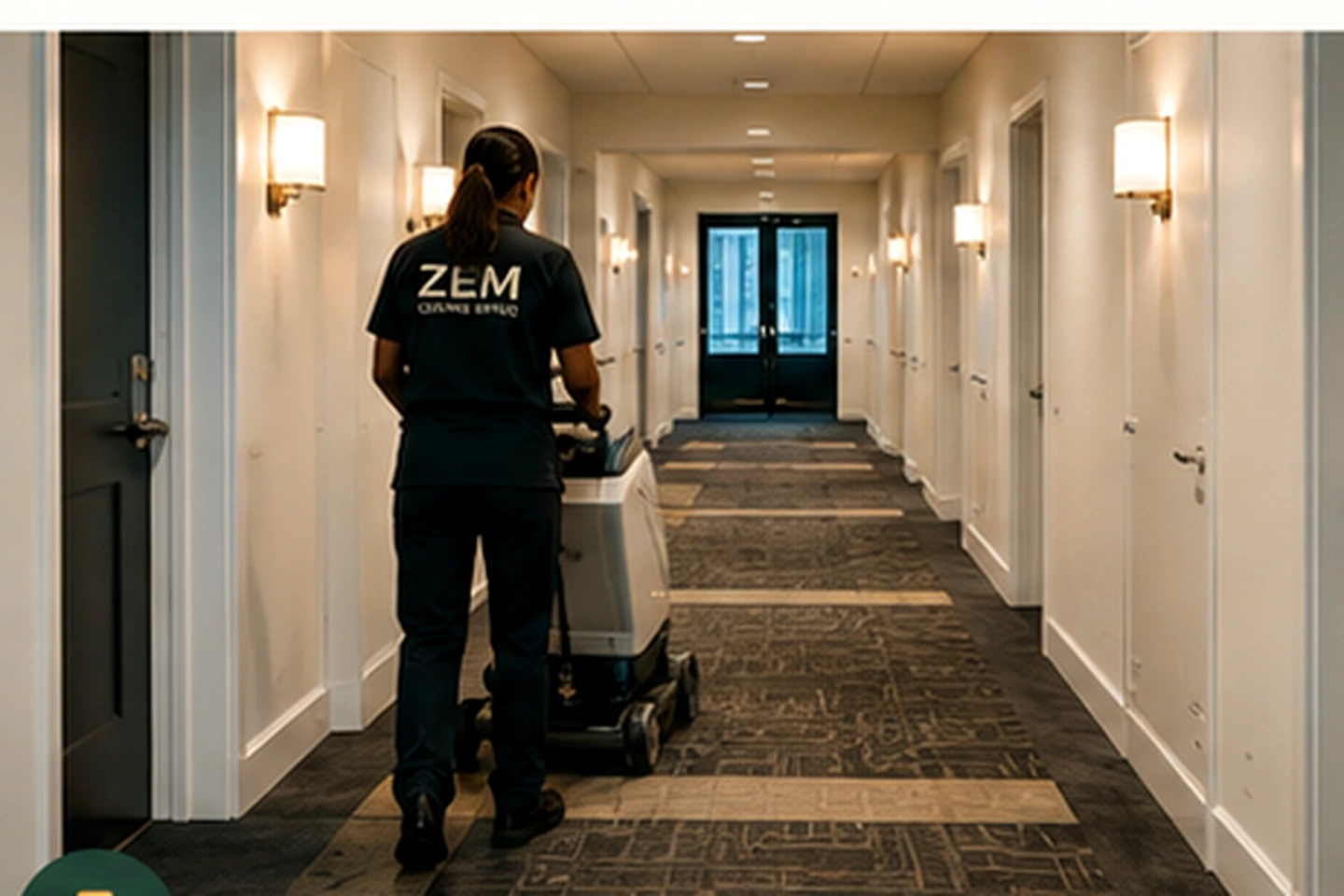 Professional cleaner maintaining a condominium or managed-building corridor