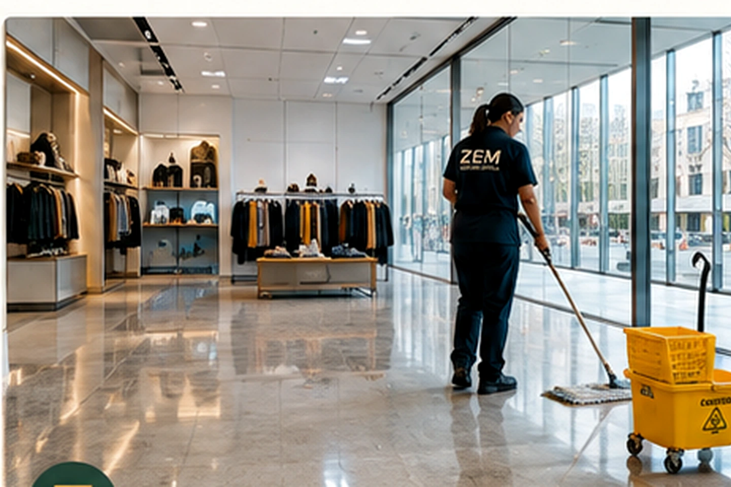 Professional floor cleaning in a bright retail and public-facing space