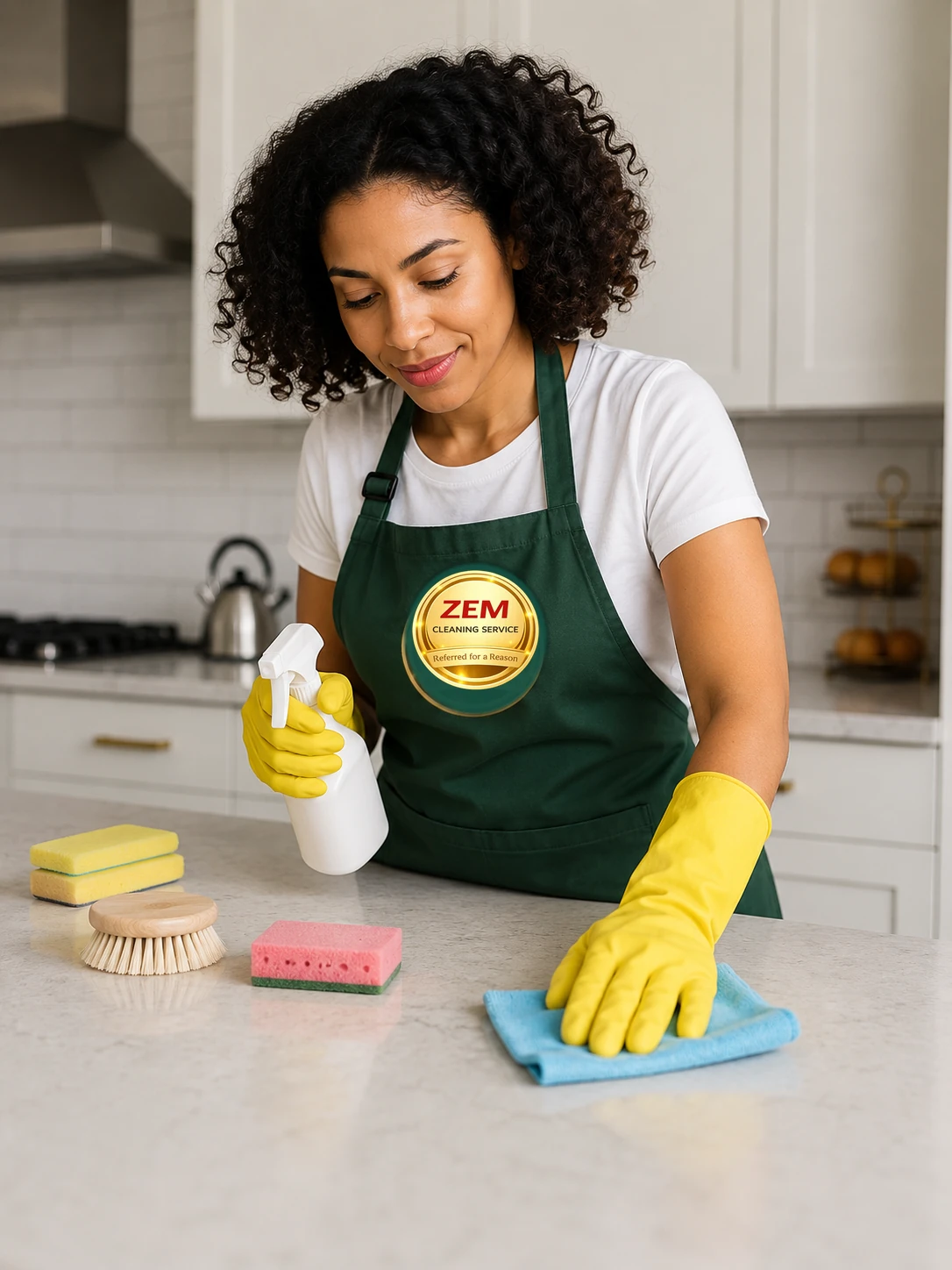 A ZEM cleaning professional caring for a modern kitchen