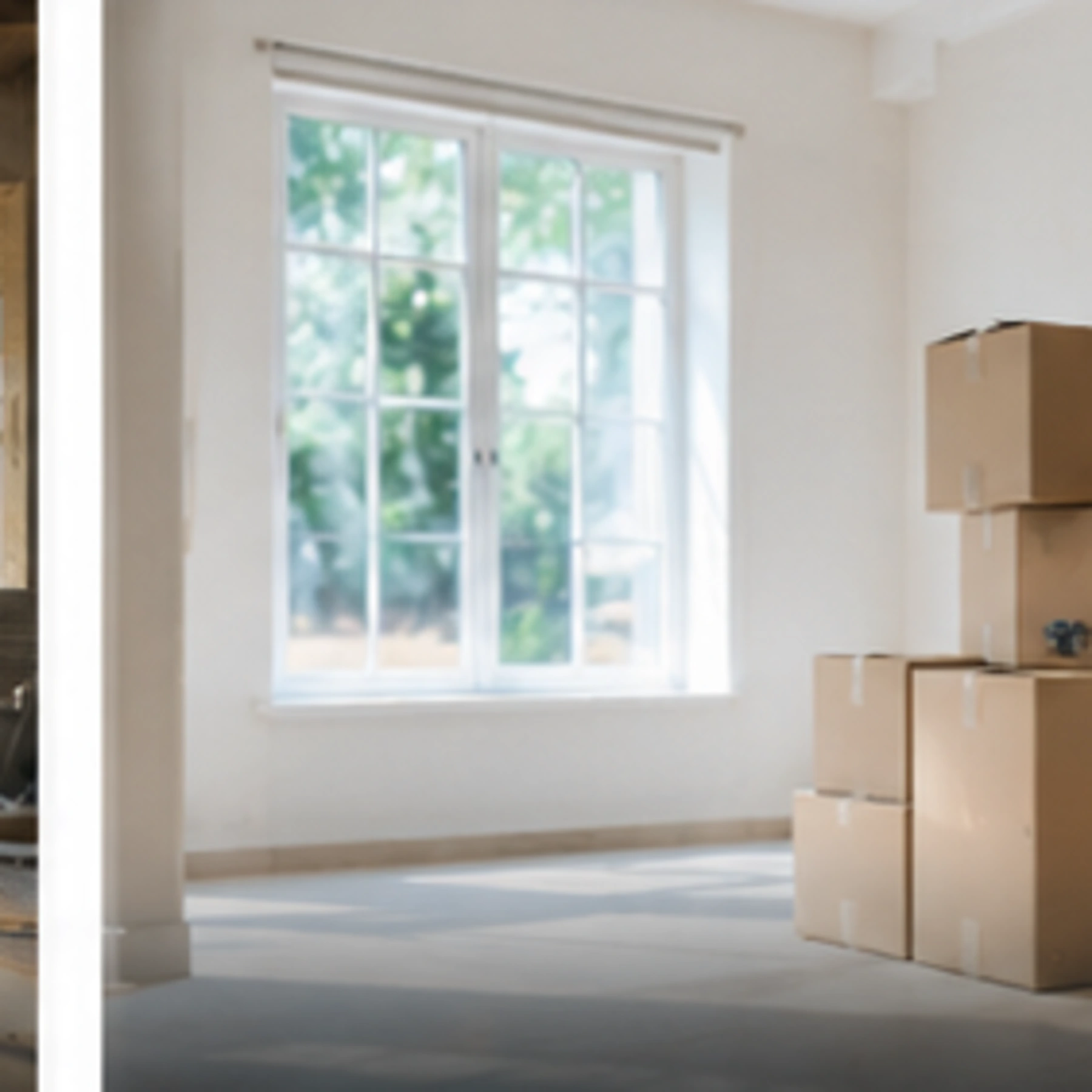 Empty bright room with moving boxes ready for move-out cleaning